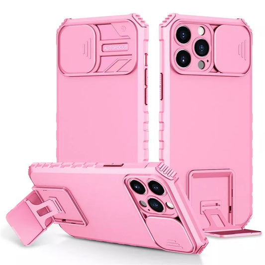 Husa Defender cu Stand pentru iPhone 12, Roz, Suport reglabil, Antisoc, Protectie glisanta pentru camera, Flippy-1