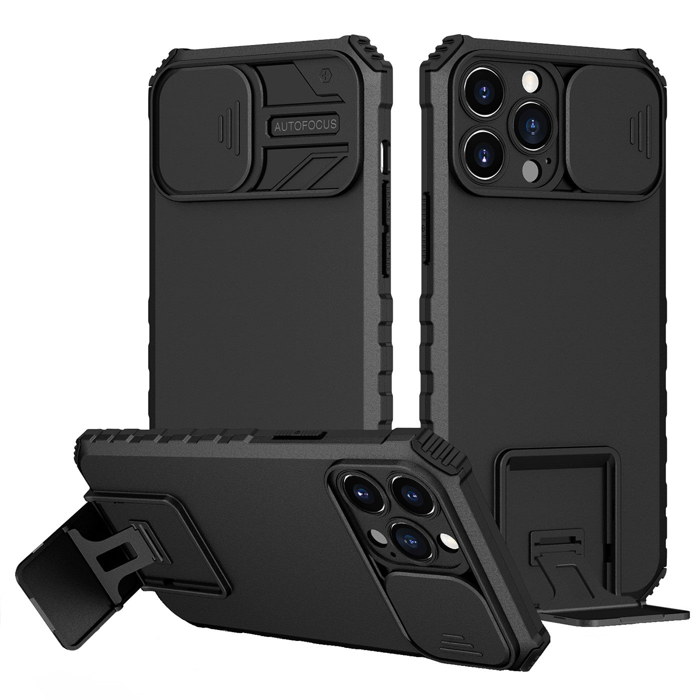 Husa Defender cu Stand pentru iPhone 13 Pro, Negru, Suport reglabil, Antisoc, Protectie glisanta pentru camera, Flippy-1