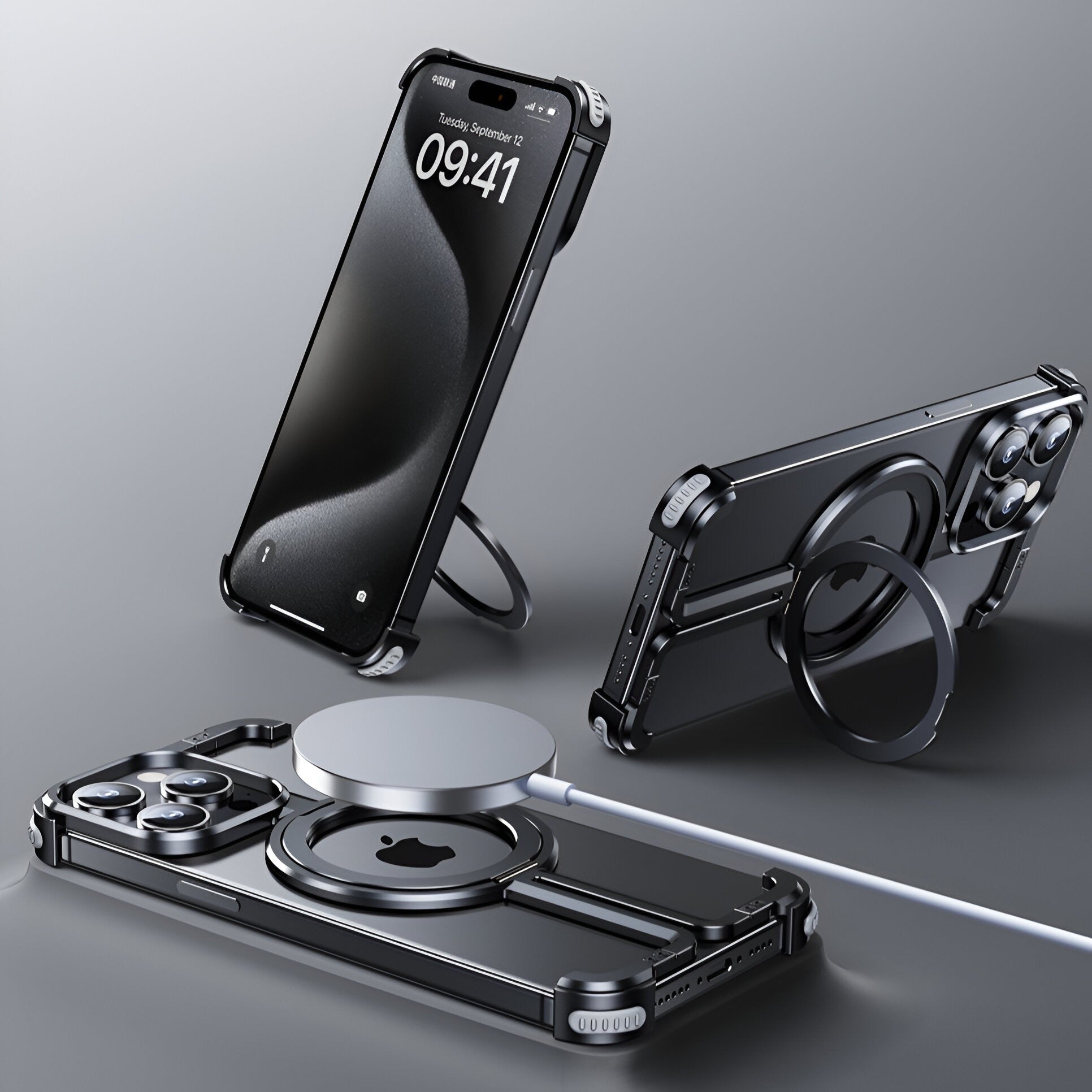 Husa MagSafe Metalica Compatibila cu iPhone 15 Pro Max, Flippy, Clear Case, Aliaj de Aluminiu, cu Magnet, fara Rama, Antisoc, Antizgariere, Incarcare Wireless, Negru Metalizat-9