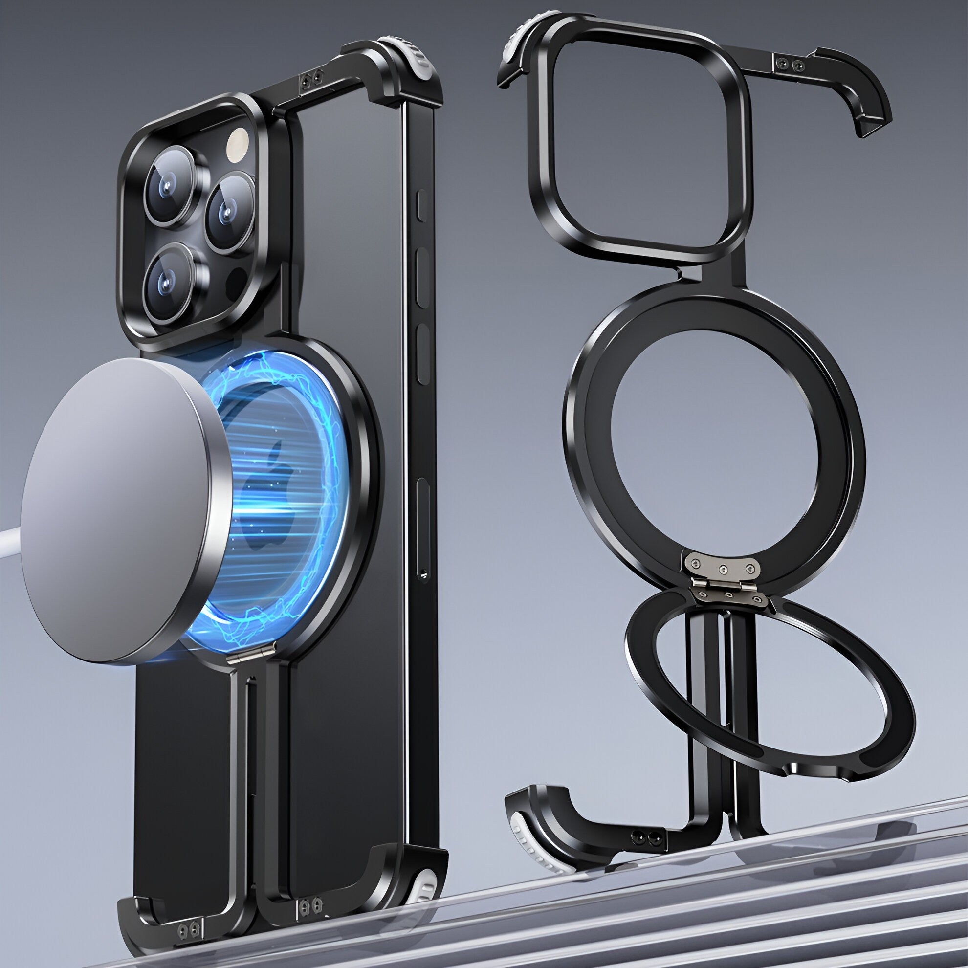 Husa MagSafe Metalica Compatibila cu iPhone 15 Pro Max, Flippy, Clear Case, Aliaj de Aluminiu, cu Magnet, fara Rama, Antisoc, Antizgariere, Incarcare Wireless, Negru Metalizat-12