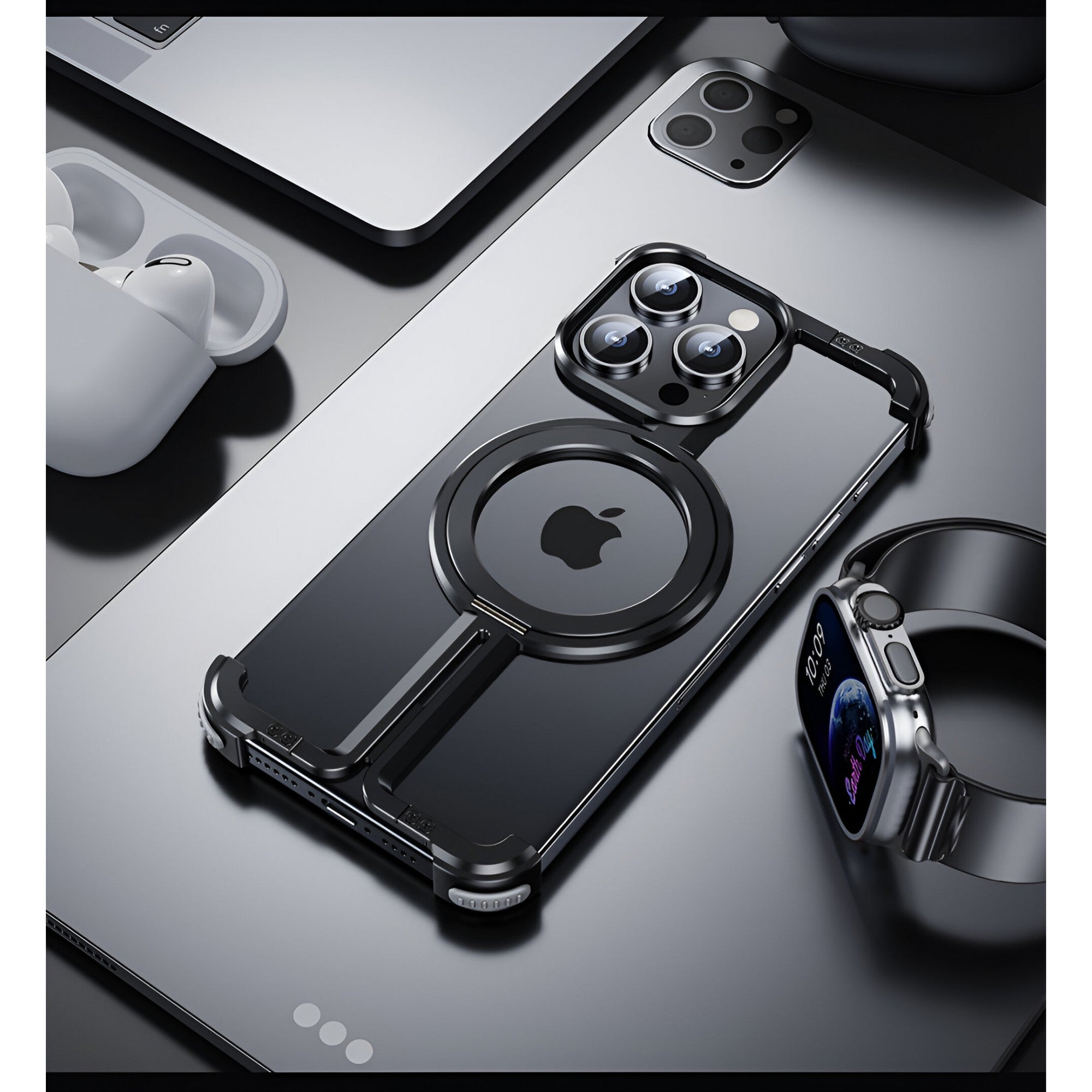 Husa MagSafe Metalica Compatibila cu iPhone 15 Pro Max, Flippy, Clear Case, Aliaj de Aluminiu, cu Magnet, fara Rama, Antisoc, Antizgariere, Incarcare Wireless, Negru Metalizat-15