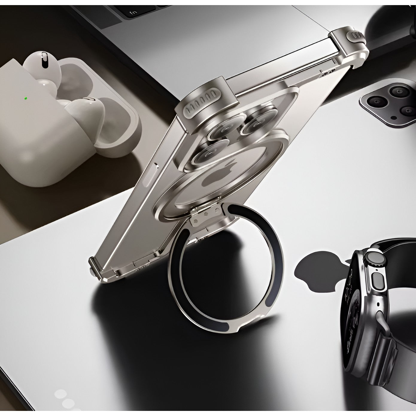 Husa MagSafe Metalica Compatibila cu iPhone 15 Pro Max, Flippy, Clear Case, Aliaj de Aluminiu, cu Magnet, fara Rama, Antisoc, Antizgariere, Incarcare Wireless, Gri Metalizat-8