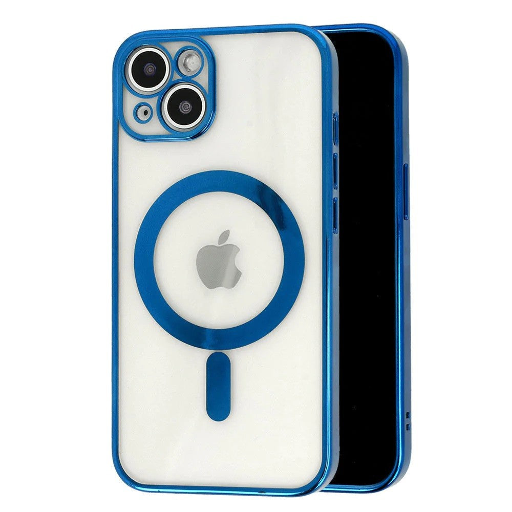 Husa MagSafe pentru Apple iPhone 13 Pro, Full Cover, Protectie camera, Margini colorate Electroplating, Magnetica, Incarcare Wireless, Flippy, Albastru-0