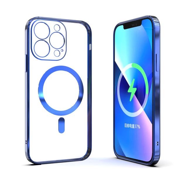 Husa MagSafe pentru Apple iPhone 14, Full Cover, Protectie camera, Margini colorate Electroplating, Magnetica, Incarcare Wireless, Flippy, Albastru-3