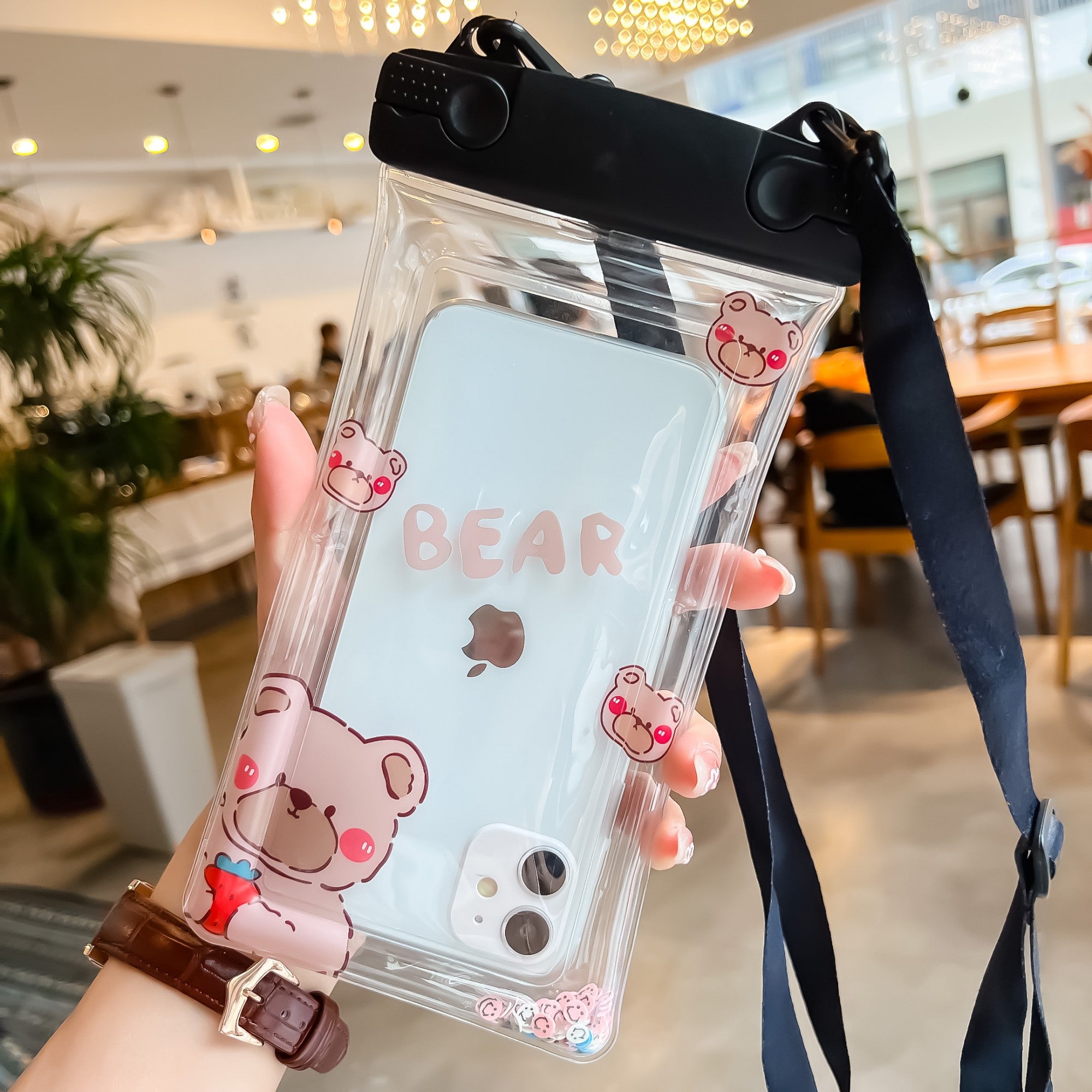 Husa subacvatica Fruity Waterproof Flippy, Snowproof, Universala, Impermeabila, cu Snur, pentru telefon sau documente, Berry Bear, Negru-1