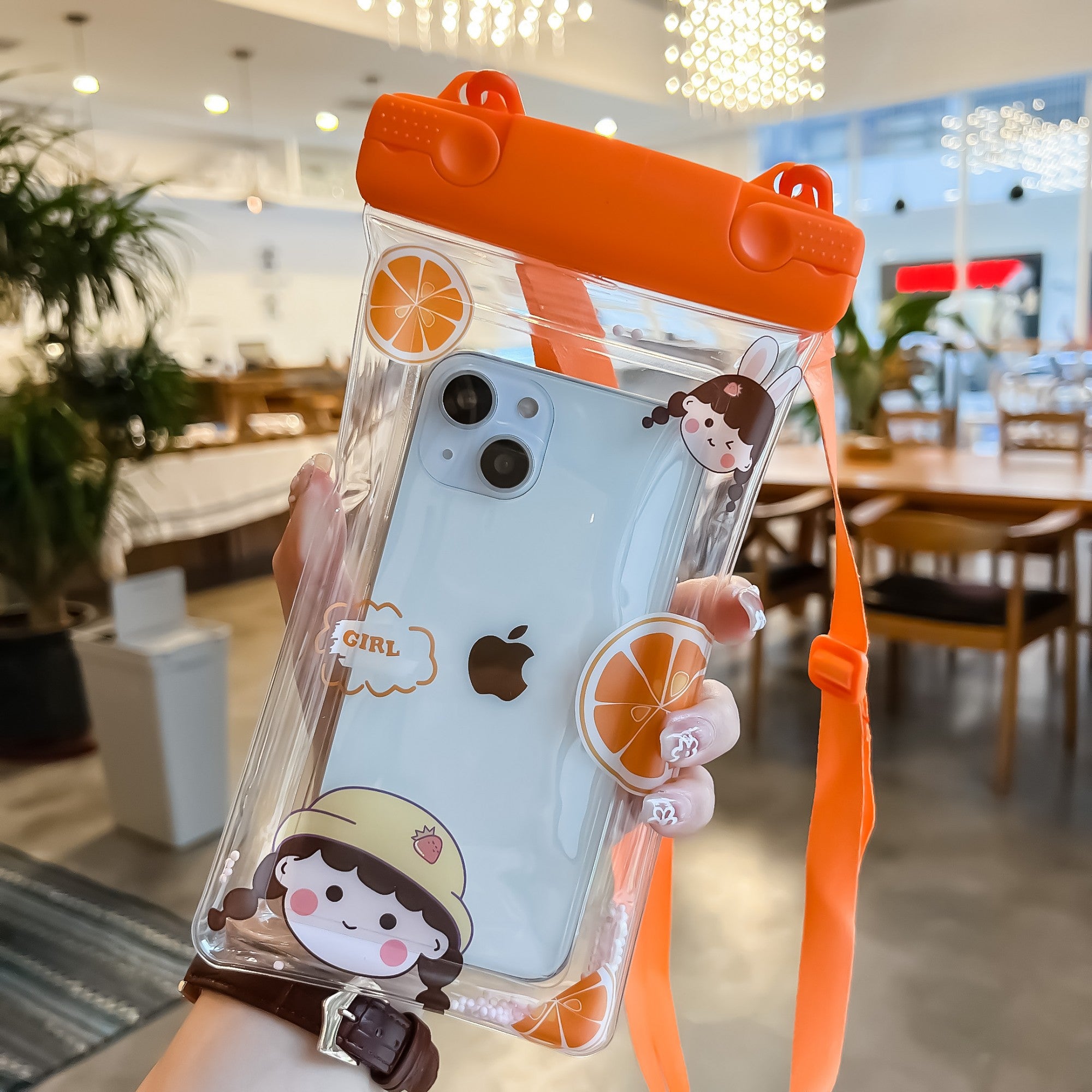 Husa subacvatica Fruity Waterproof Flippy, Snowproof, Universala, Impermeabila, cu Snur, pentru telefon sau documente, Orange Girl 2, Oranj-1