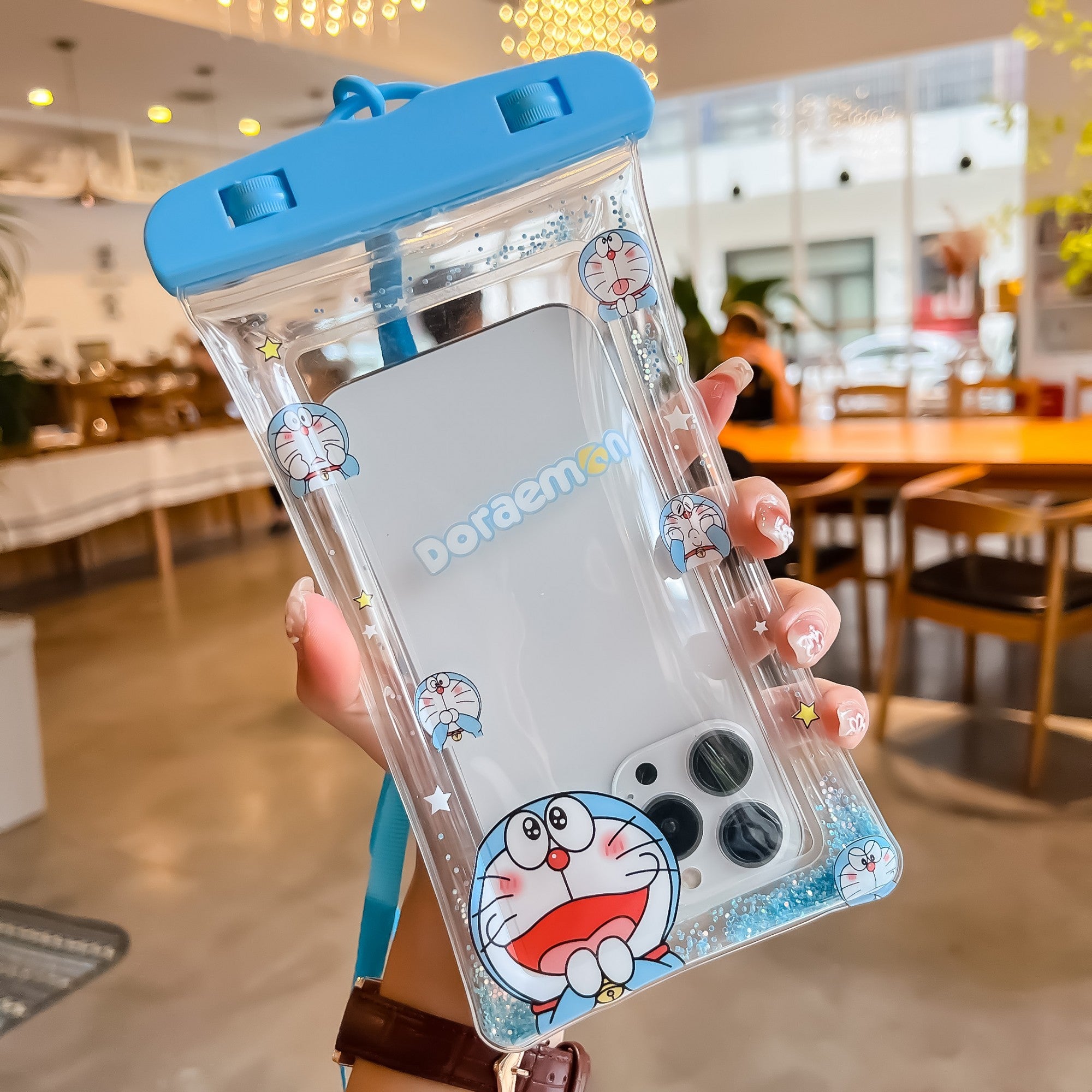 Husa subacvatica Glitter Kids Waterproof Flippy, Snowproof, Universala, cu Snur, pentru telefon sau documente, Cat, Bleu-1