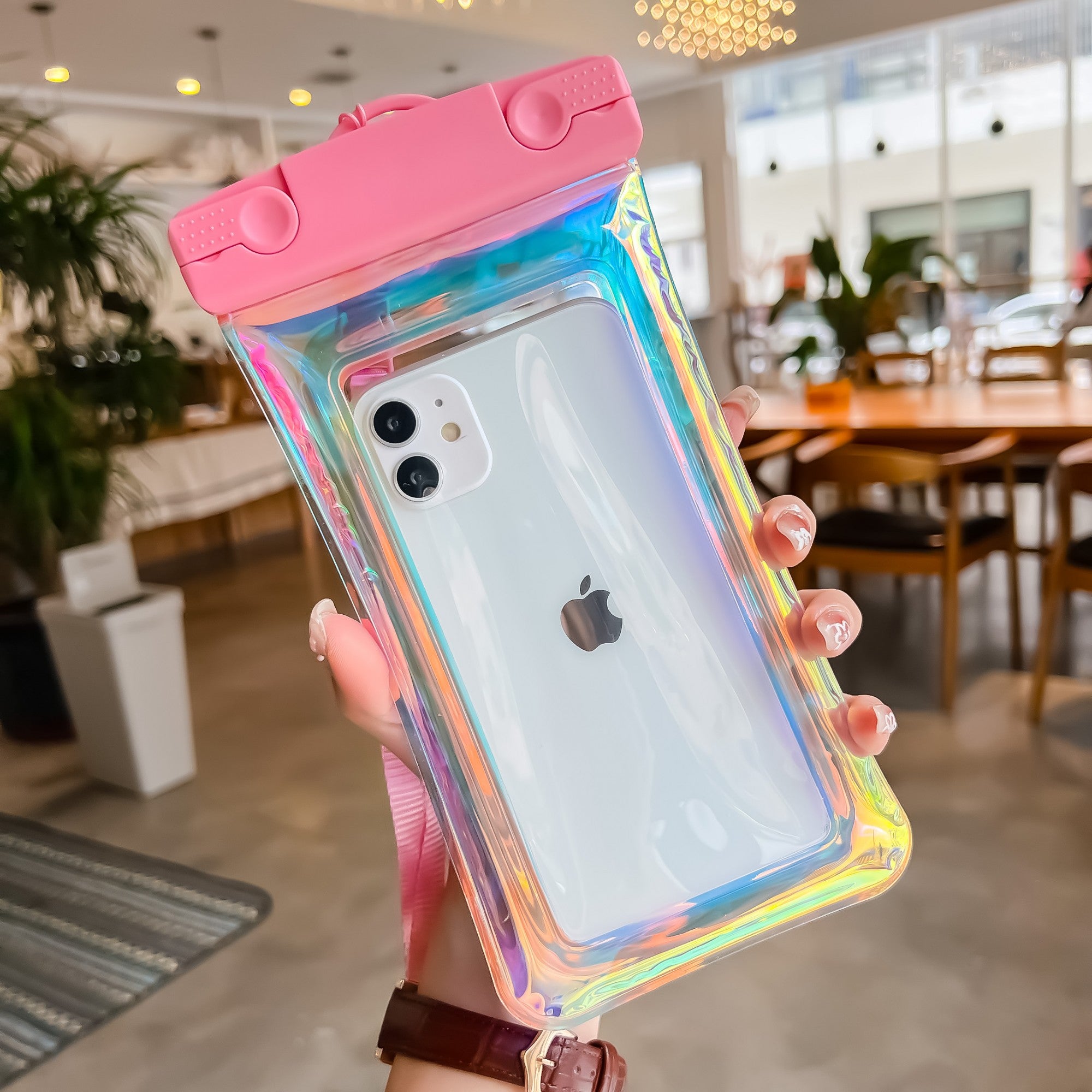 Husa subacvatica Holografica Waterproof Flippy, Snowproof, Universala, Impermeabila, cu Snur, pentru telefon sau documente, Roz-1
