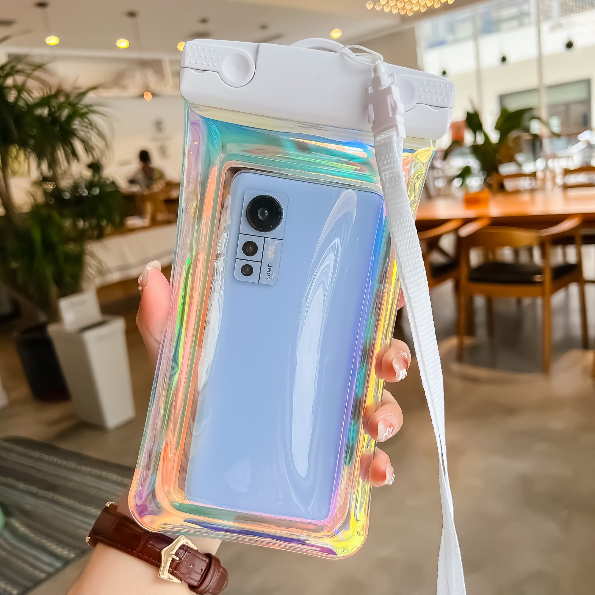 Husa subacvatica Holografica Waterproof Flippy, Snowproof, Universala, Impermeabila, cu Snur, pentru telefon sau documente, Alb-1