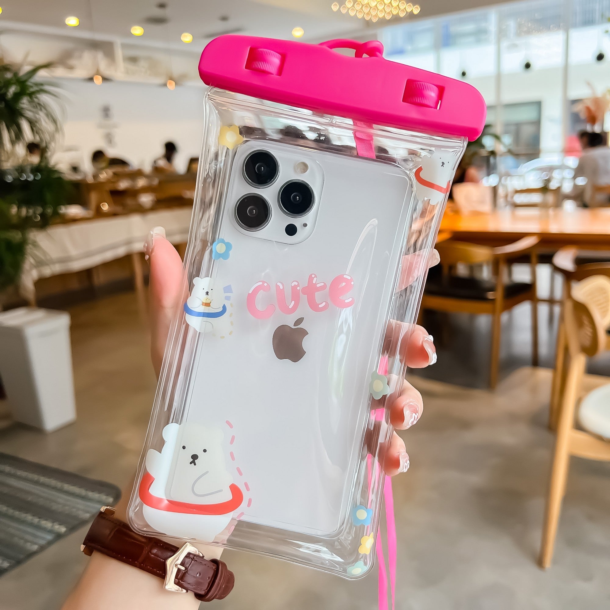 Husa subacvatica Kids Waterproof Flippy, Snowproof, Universala, cu Snur, pentru telefon sau documente, Bears, Roz-2