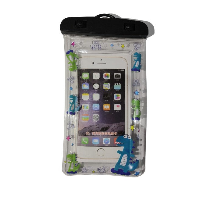 Husa subacvatica Kids Waterproof Flippy, Snowproof, Universala, cu Snur, pentru telefon sau documente, Dino, Negru-0