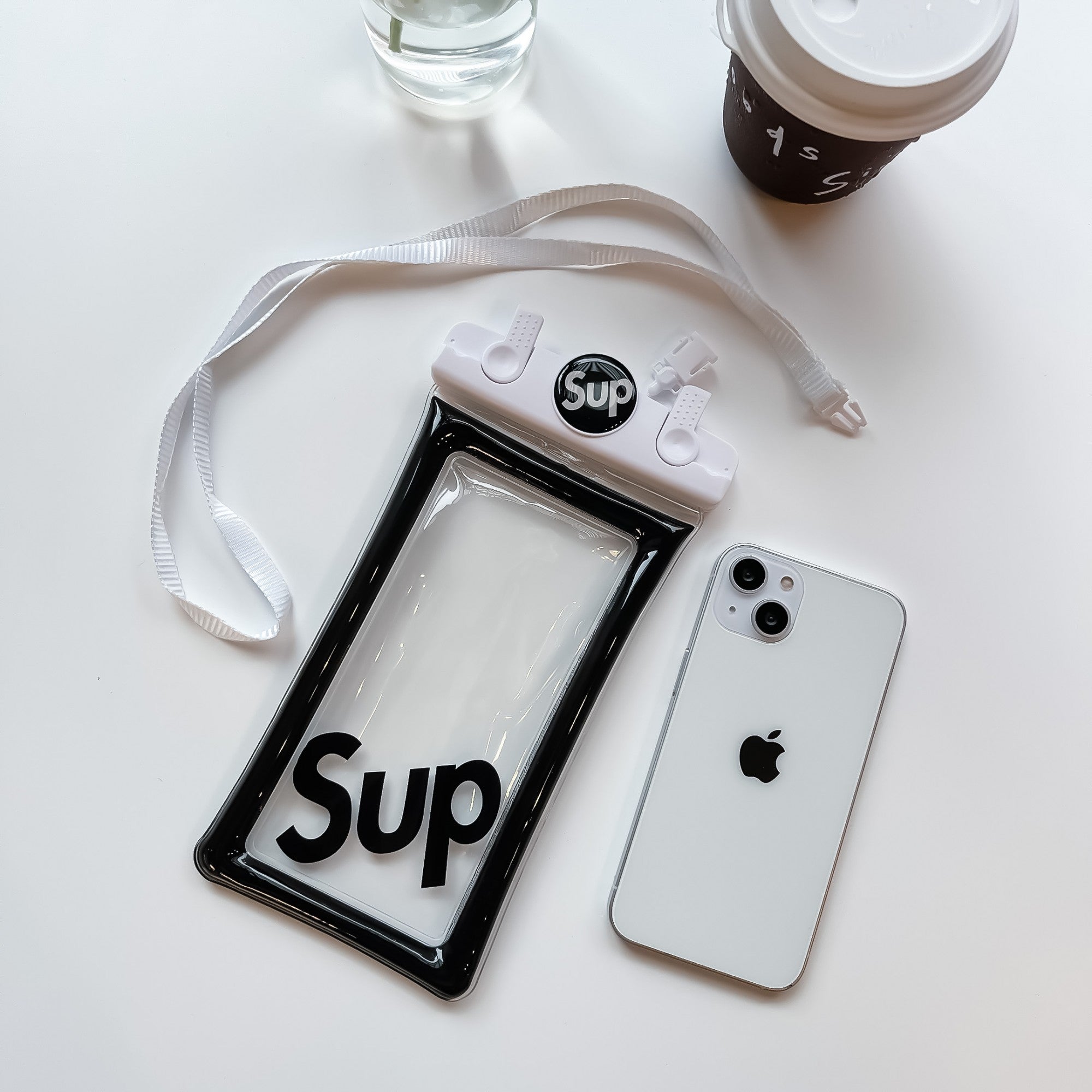 Husa subacvatica Mascot Waterproof Flippy, Snowproof, Universala, cu Snur, pentru telefon sau documente, Sup, Alb-Negru-3