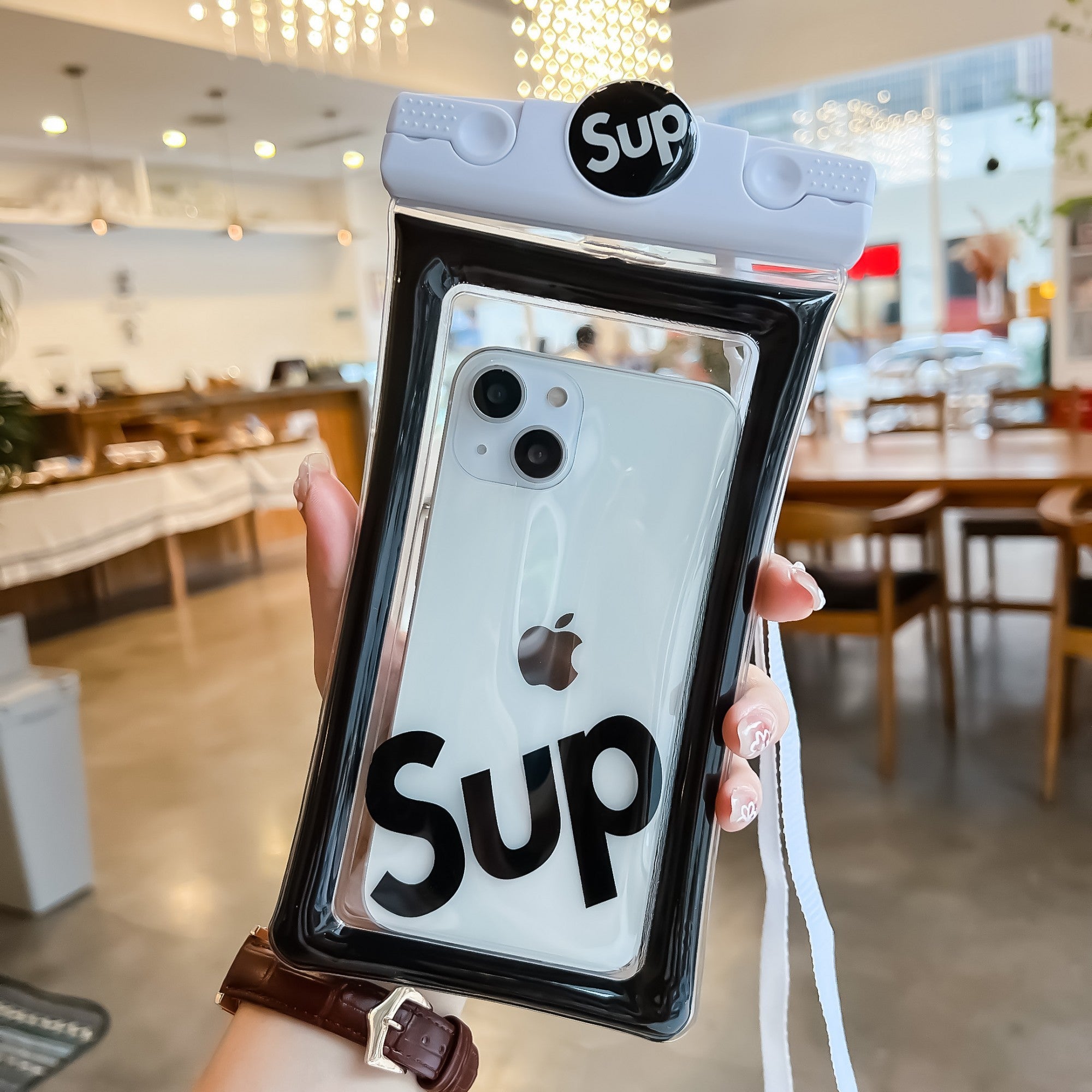 Husa subacvatica Mascot Waterproof Flippy, Snowproof, Universala, cu Snur, pentru telefon sau documente, Sup, Alb-Negru-5