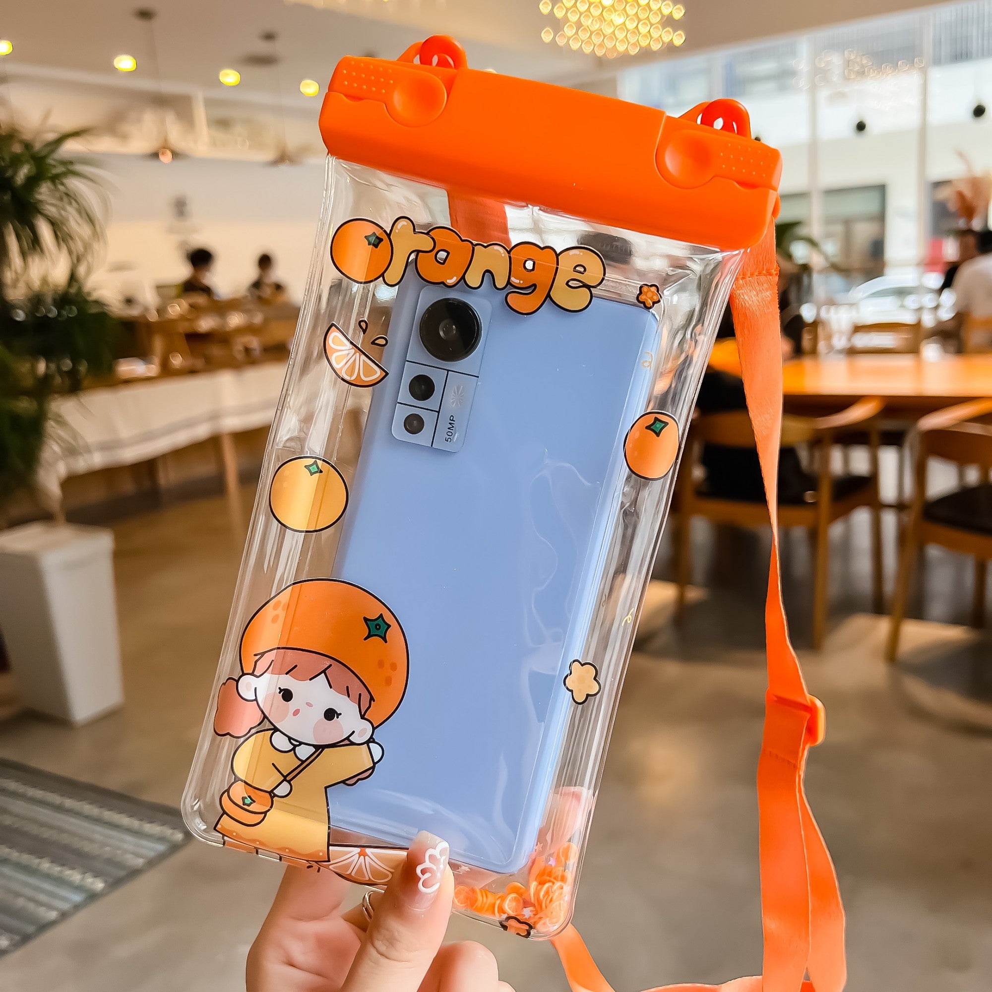 Husa subacvatica Waterproof Flippy, Snowproof, Universala, Impermeabila, pentru telefon sau documente, cu snur, Orange Girl, Portocaliu-1