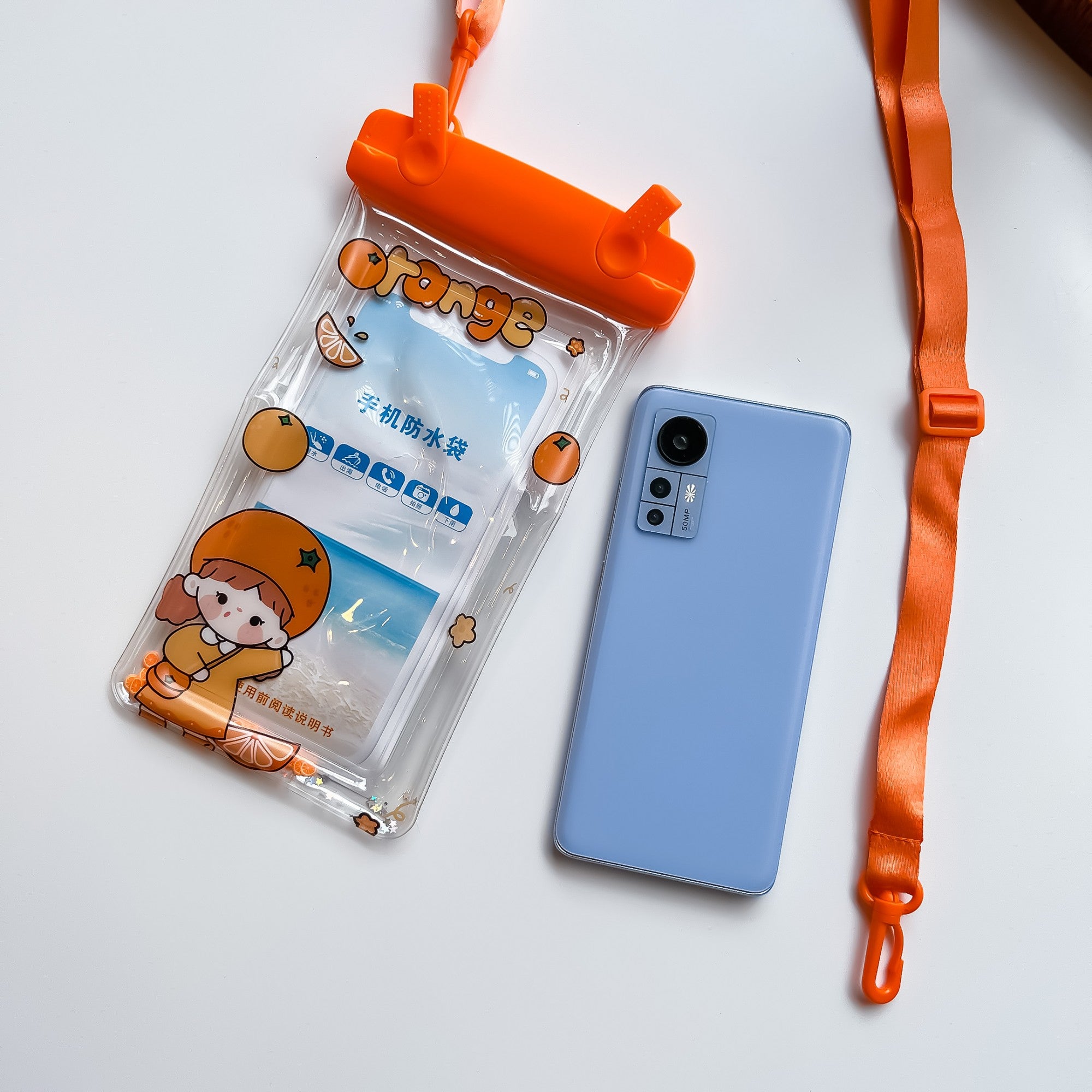Husa subacvatica Waterproof Flippy, Snowproof, Universala, Impermeabila, pentru telefon sau documente, cu snur, Orange Girl, Portocaliu-2