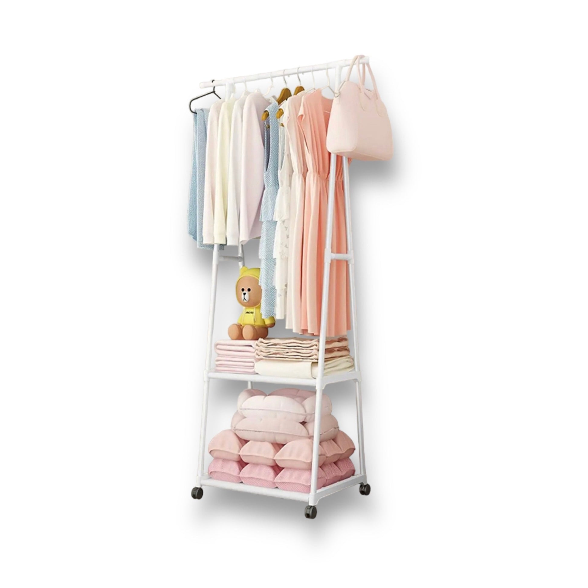 Suport triunghi pentru haine si umerase cu 2 rafturi inferioare