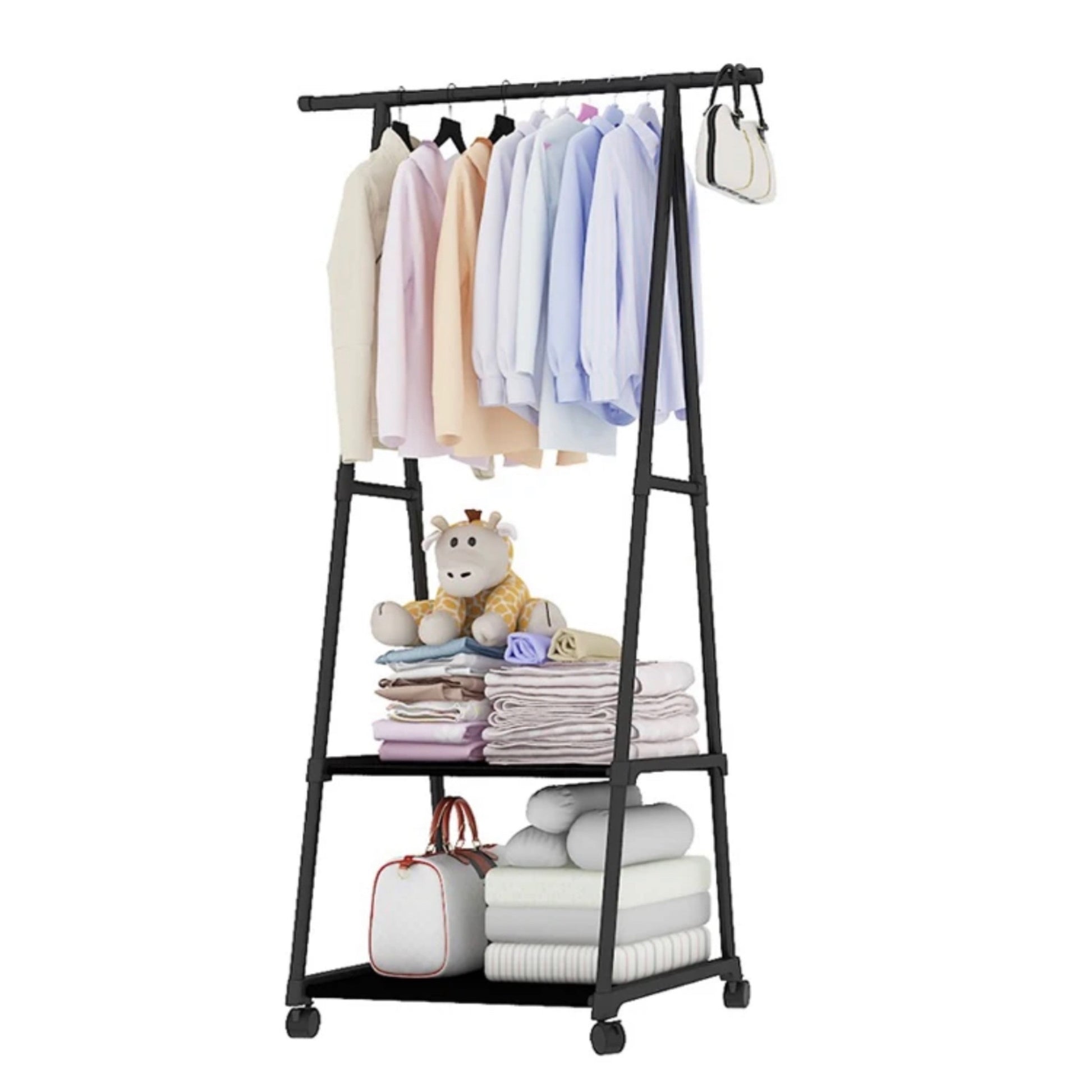 Suport triunghi pentru haine si umerase cu 2 rafturi inferioare