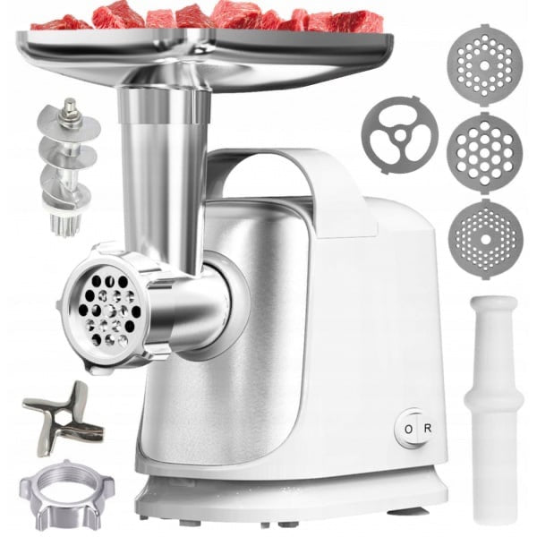 Masina de tocat, putere 1200W, lame din otel, doua site, functie revers,putere tocare 1.5kg pe minut, culoare gri cu alb