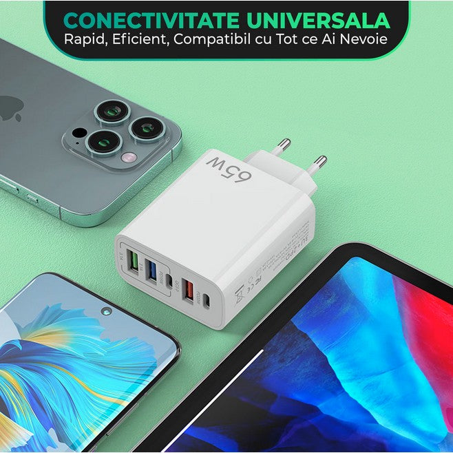Incarcator Retea, Flippy, 5 Porturi, 65W Fast Charge, 3 x USB, 2 x Type-C, Universal Compatibil iPhone, Huawei, Samsung, Xiaomi, Alb-4