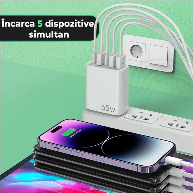 Incarcator Retea, Flippy, 5 Porturi, 65W Fast Charge, 3 x USB, 2 x Type-C, Universal Compatibil iPhone, Huawei, Samsung, Xiaomi, Alb-6