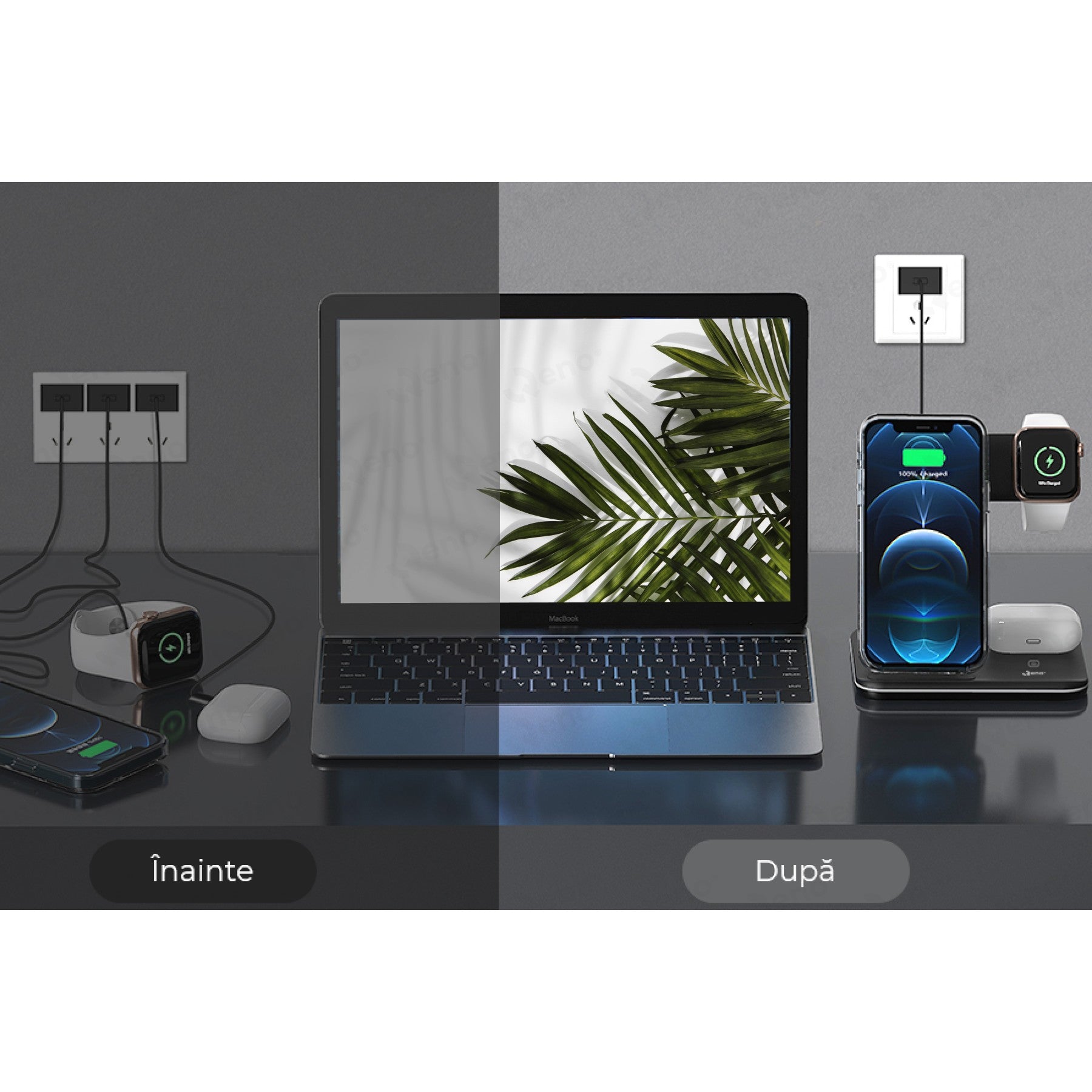 Incarcator Wireless Flippy, Statie Incarcare 3 In 1 Qi Fast Charger 15W, Incarcare Rapida, Compatibil Cu Apple Watch Toate Seriile Airpods Toate Modele si Iphone Android Samsung Huawei Xiaomi, Quick Charge, Negru-1