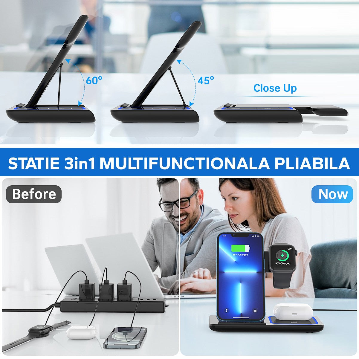 Incarcator Wireless Flippy, Statie Incarcare 3 In 1 Qi Fast Charger 15W, Incarcare Rapida, Compatibil Cu Apple Watch Toate Seriile Airpods Toate Modele si Iphone Android Samsung Huawei Xiaomi, Quick Charge, Negru-2