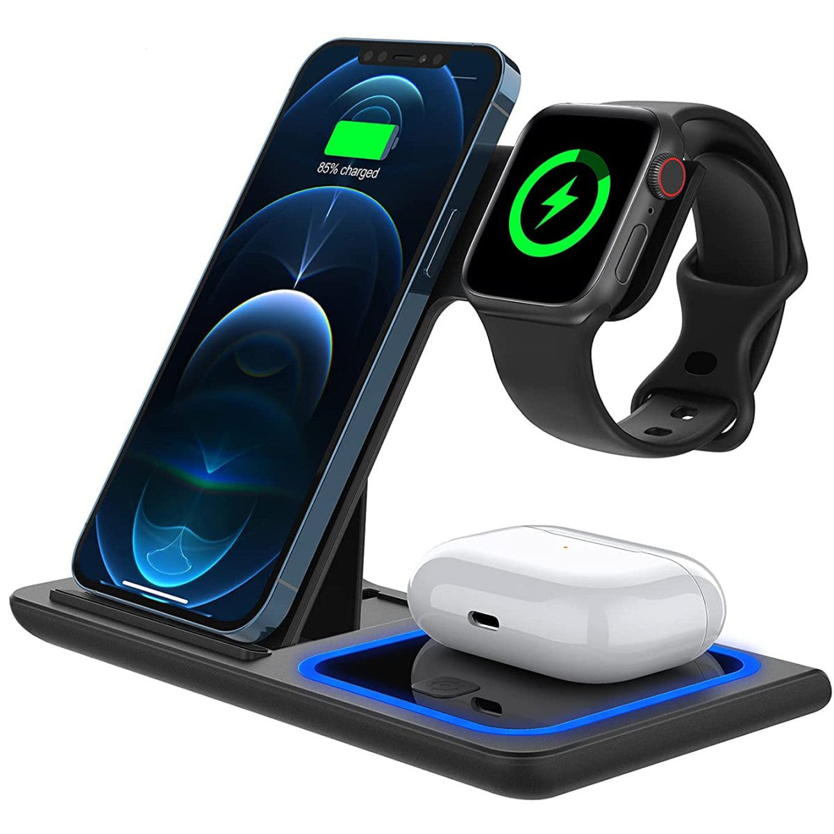 Incarcator Wireless Flippy, Statie Incarcare 3 In 1 Qi Fast Charger 15W, Incarcare Rapida, Compatibil Cu Apple Watch Toate Seriile Airpods Toate Modele si Iphone Android Samsung Huawei Xiaomi, Quick Charge, Negru-0