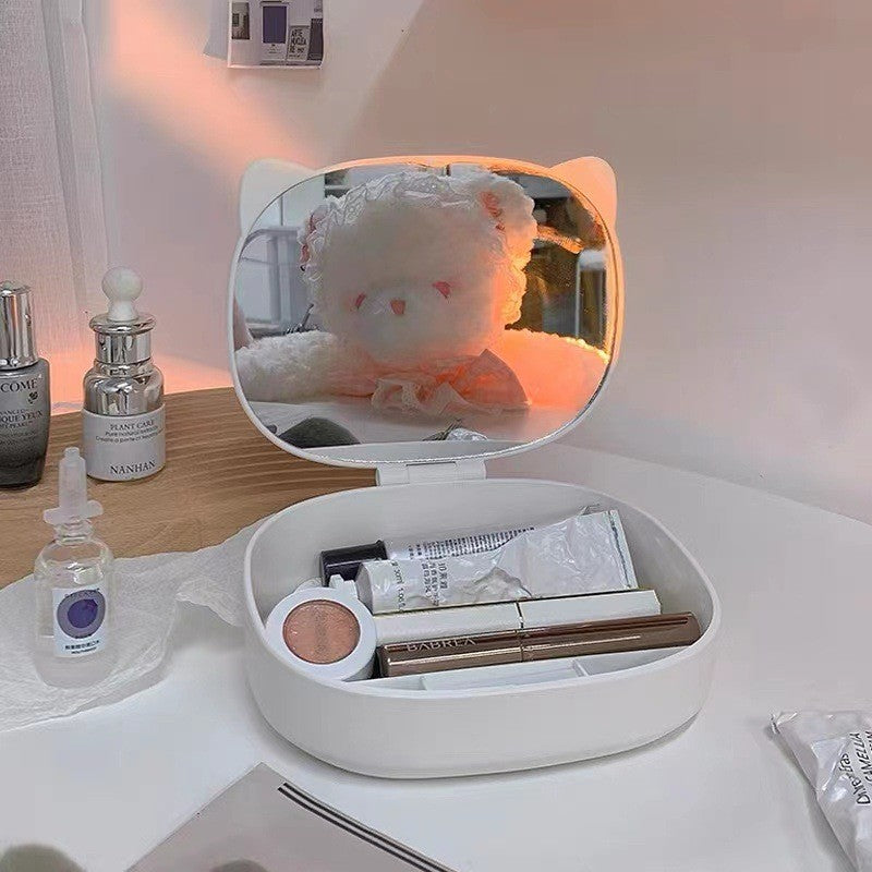 Cutie cu Oglinda, Model Pisica, Flippy, 4 Compartimente, Cutie de Depozitare a Machiajelor si Accesoriilor, Oglinda de Machiaj, 17x13x6cm, Alb-1