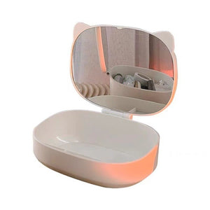 Cutie cu Oglinda, Model Pisica, Flippy, 4 Compartimente, Cutie de Depozitare a Machiajelor si Accesoriilor, Oglinda de Machiaj, 17x13x6cm, Alb-0