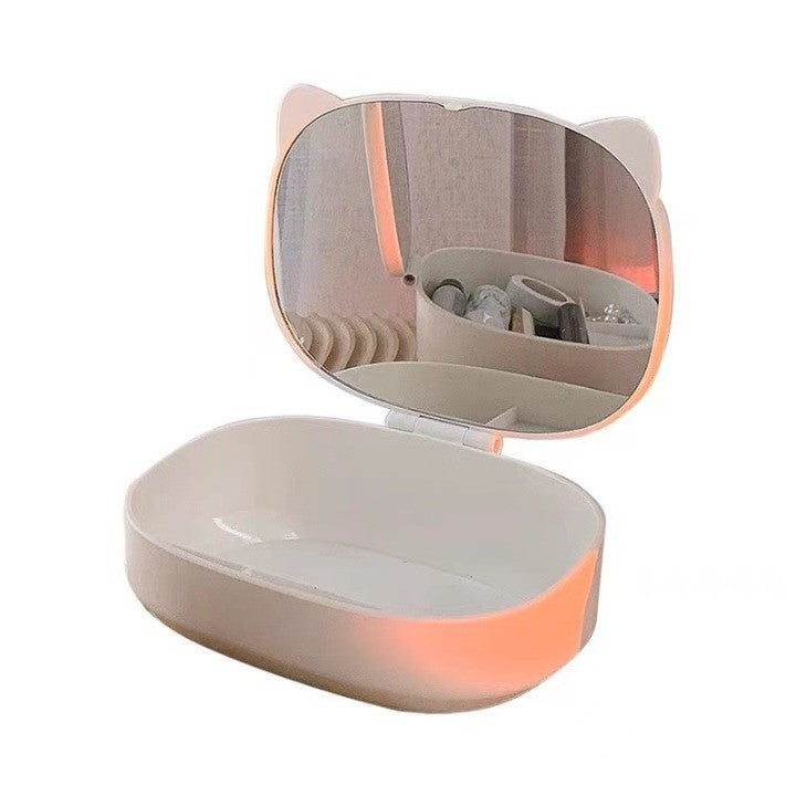 Cutie cu Oglinda, Model Pisica, Flippy, 4 Compartimente, Cutie de Depozitare a Machiajelor si Accesoriilor, Oglinda de Machiaj, 17x13x6cm, Alb-0