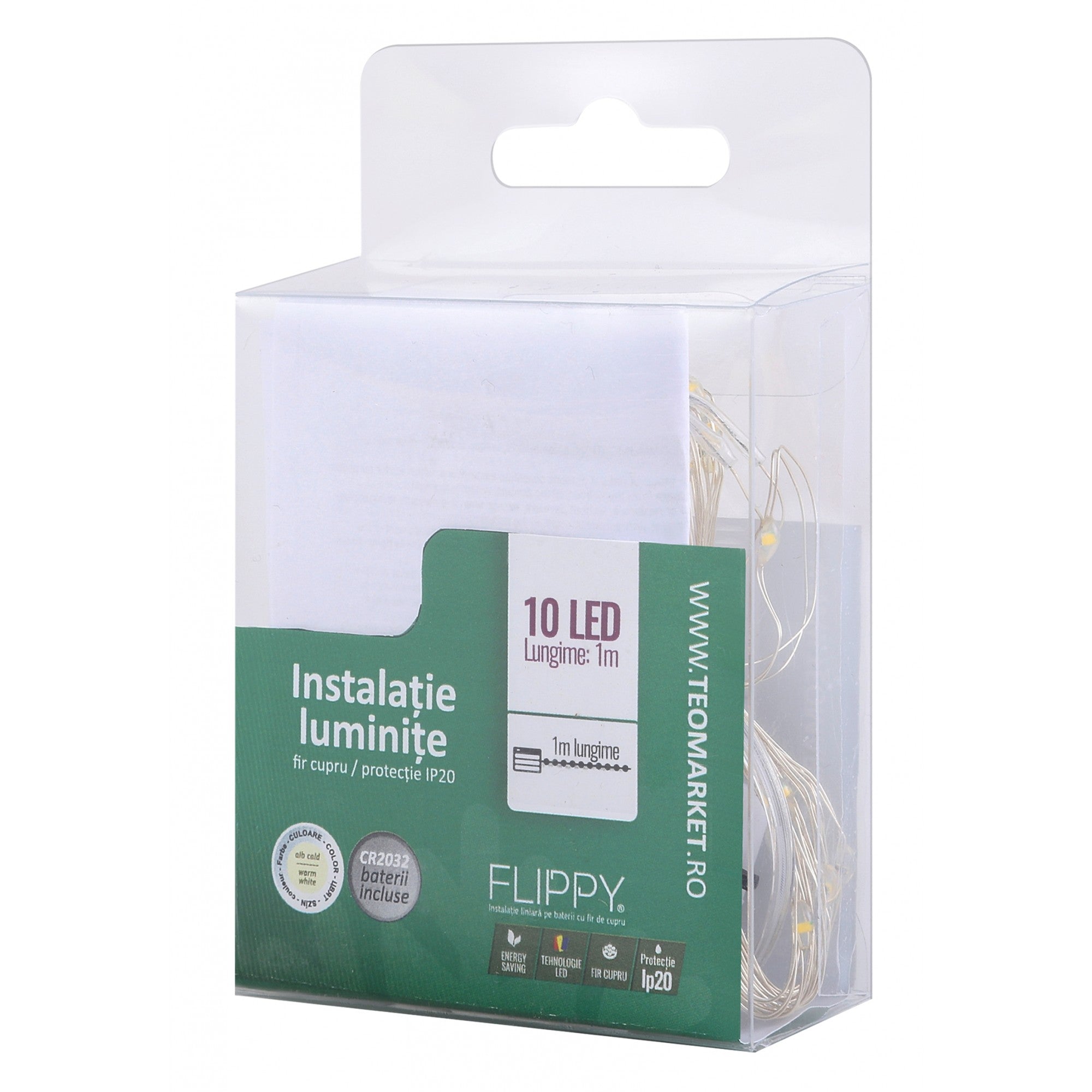 Instalatie Craciun, 1 metru, 10 LED-uri, alb cald,cu baterii,fir cupru, liniar, interior/exterior, Flippy-5