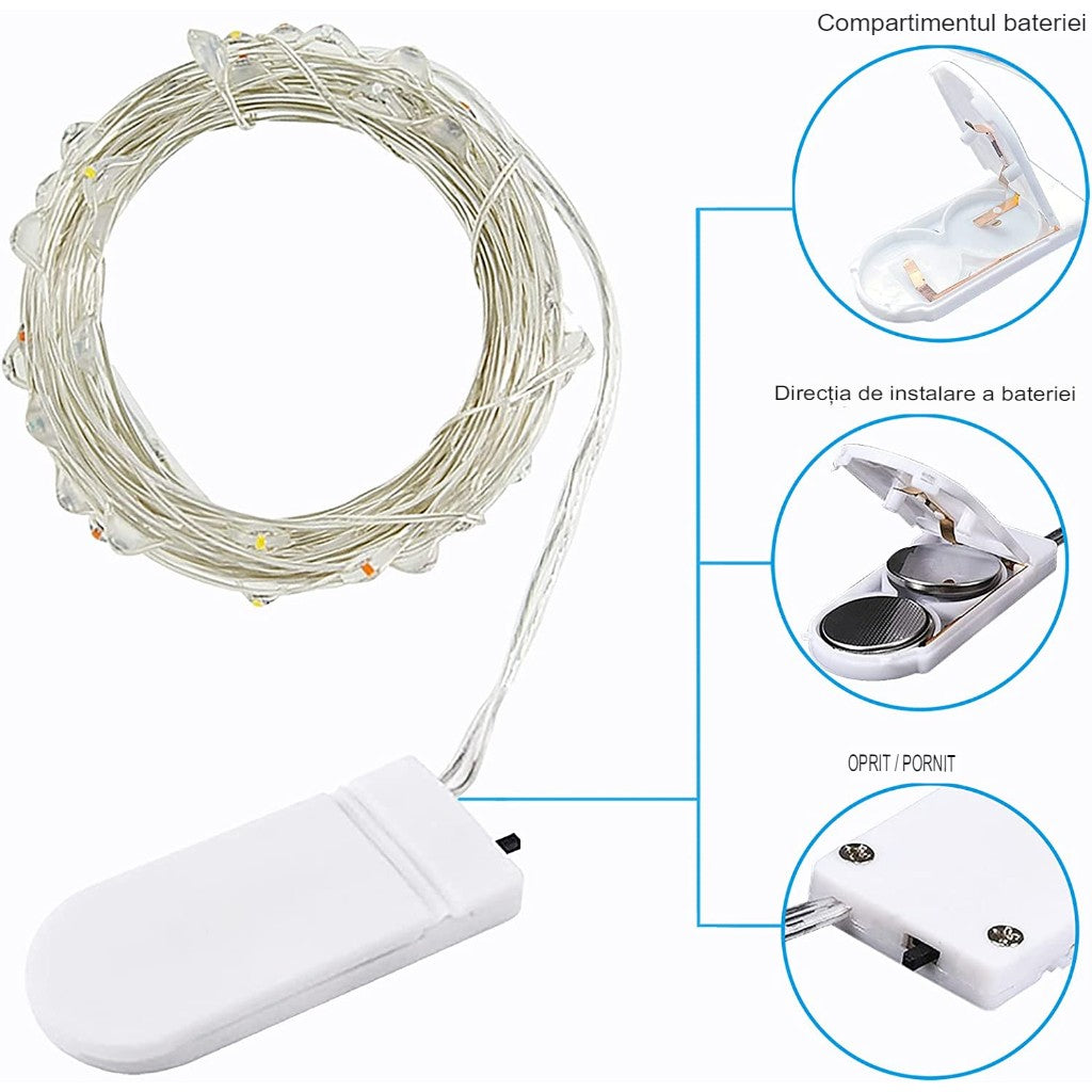 Instalatie Craciun, 1 metru, 10 LED-uri, Multicolor, cu baterii, fir aliaj zinc, liniar, interior/exterior, Flippy-3