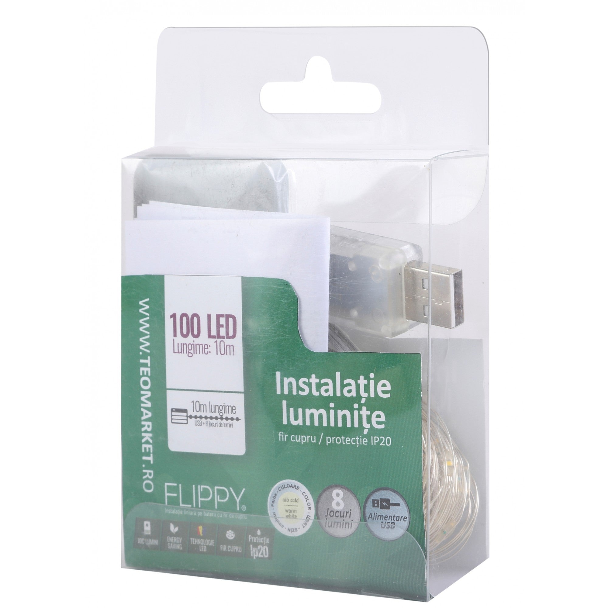 Instalatie Craciun, 10 metri, 100 LED-uri, alb cald, telecomanda 8 functii, USB, fir cupru, liniar, interior/exterior, Flippy-8