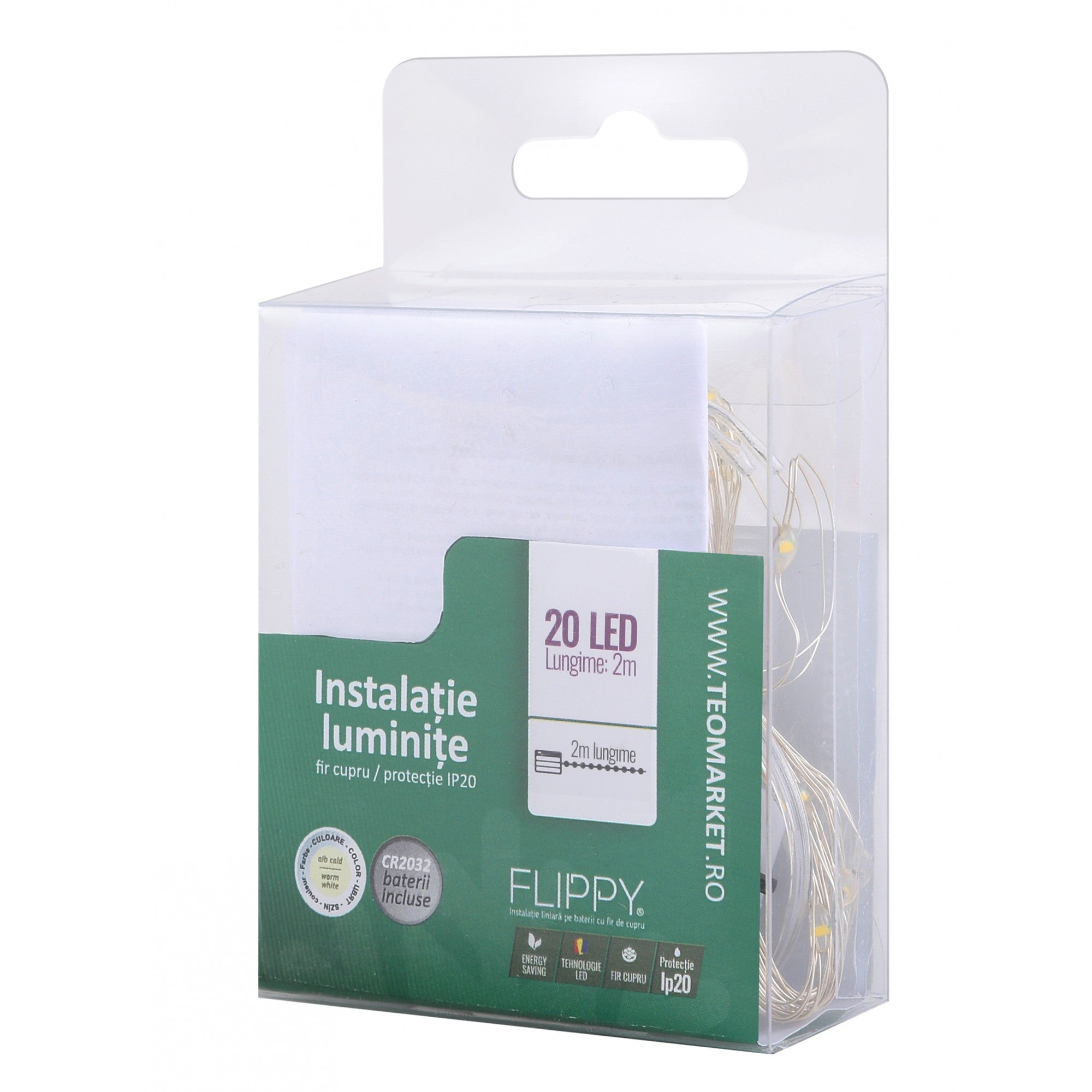 Instalatie Craciun, Liniara, 2 m, Baterii, 20 LED-uri, Alb Cald, Fir Cupru, Interior/Exterior, Flippy-5