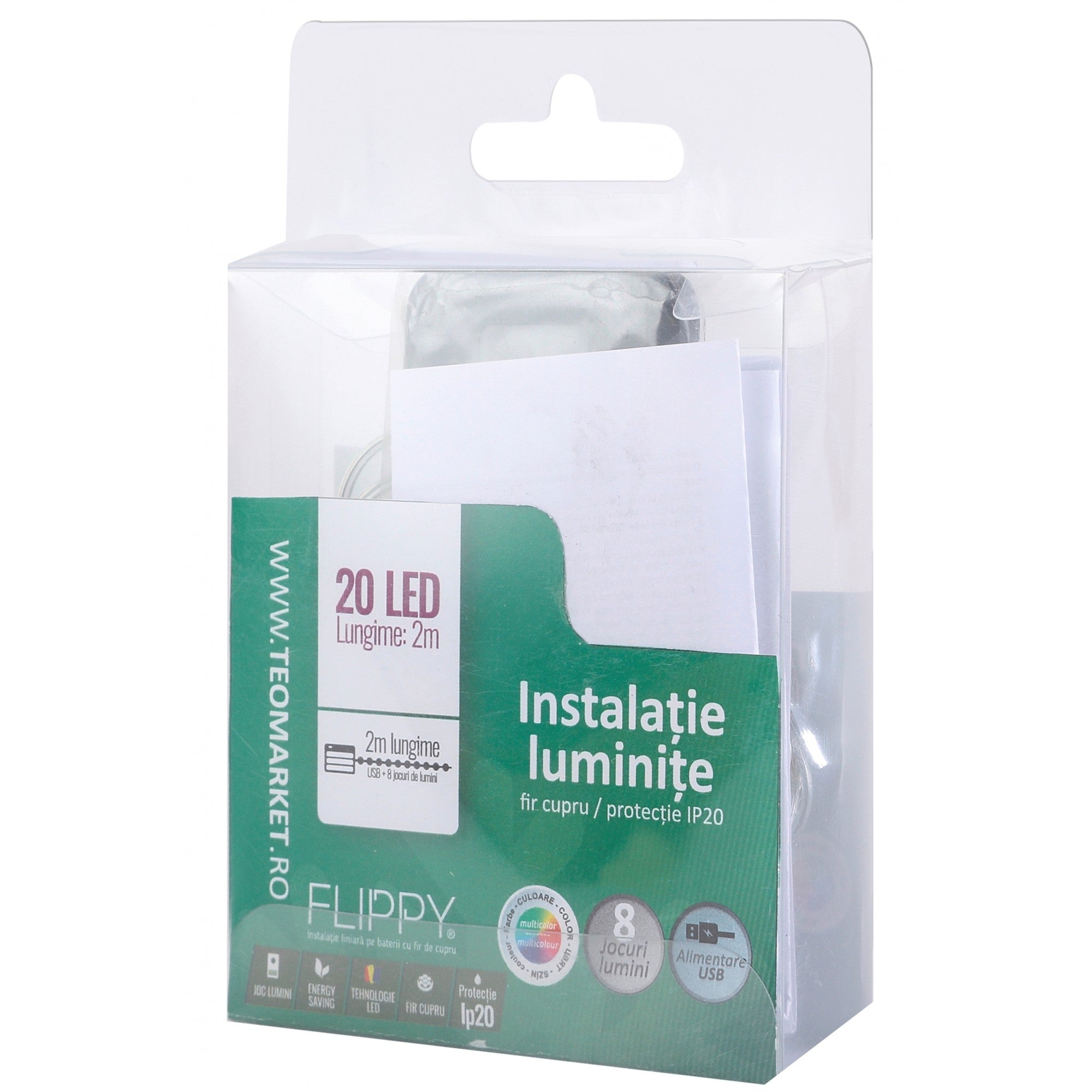 Instalatie Craciun, 2 metri, 20 LED-uri, multicolor, telecomanda 8 functii, USB, fir cupru, liniar, interior/exterior, Flippy-5