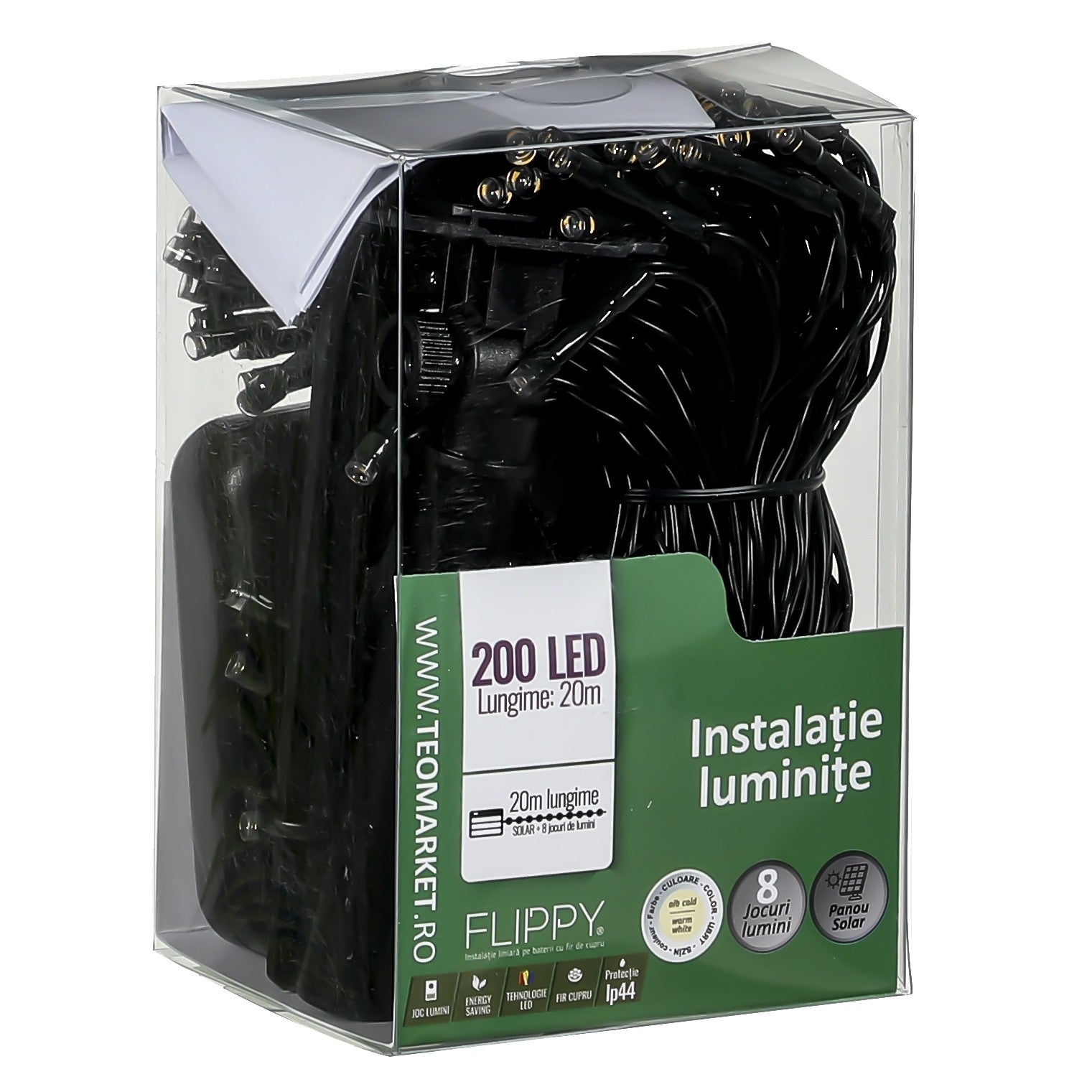 Instalatie Craciun, 20 metri, 200 de LED-uri, alb cald, cu energie solara, fir de cupru, liniar, interior/exterior, Flippy-6