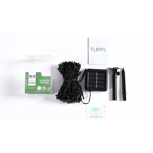 Instalatie Craciun, 20 metri, 200 de LED-uri, Alb Rece, cu energie solara, fir de cupru, liniar, interior/exterior, Flippy-1