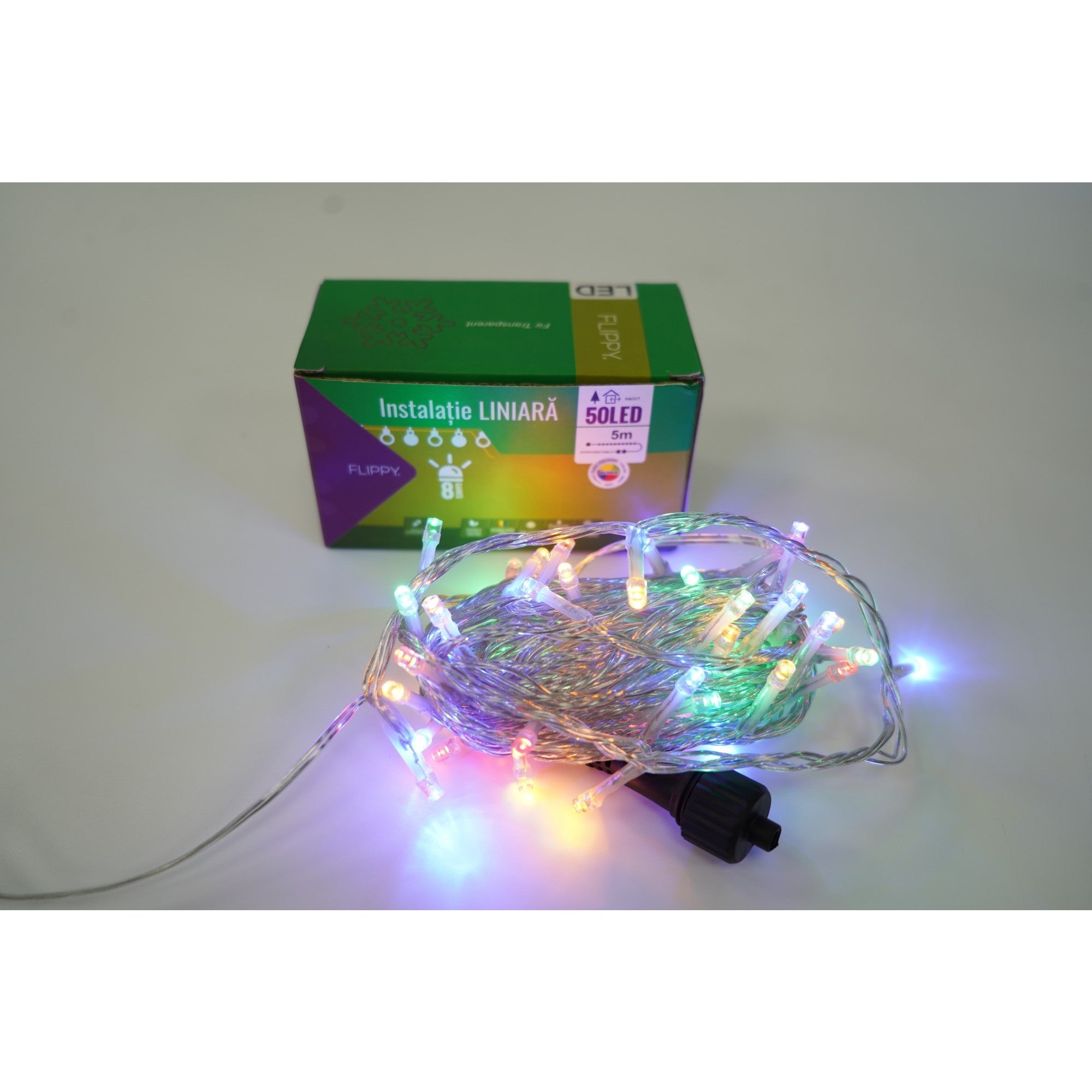 Instalatie Craciun, 25 m, 250 Led-uri ,Liniara, Multicolor, 8 jocuri de lumini, Transformator cu telecomanda, Interconectabila, Prelungitor 3 m inclus, Fir Transparent, Flippy-2