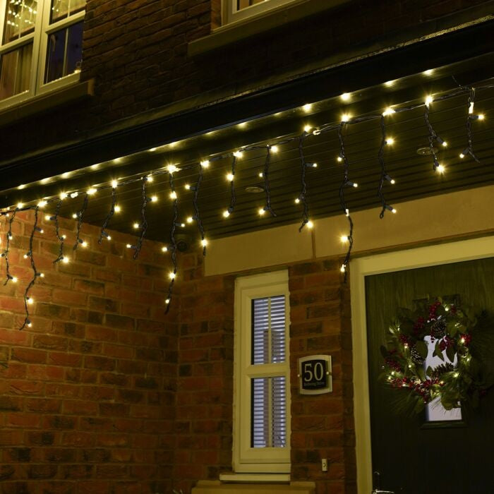 Instalatie Craciun, 5 m, 143 Led-uri ,Franjuri, Alb cald, Flash, Transformator, Interconectabila, Prelungitor 3 m inclus, Fir Negru, Flippy-4