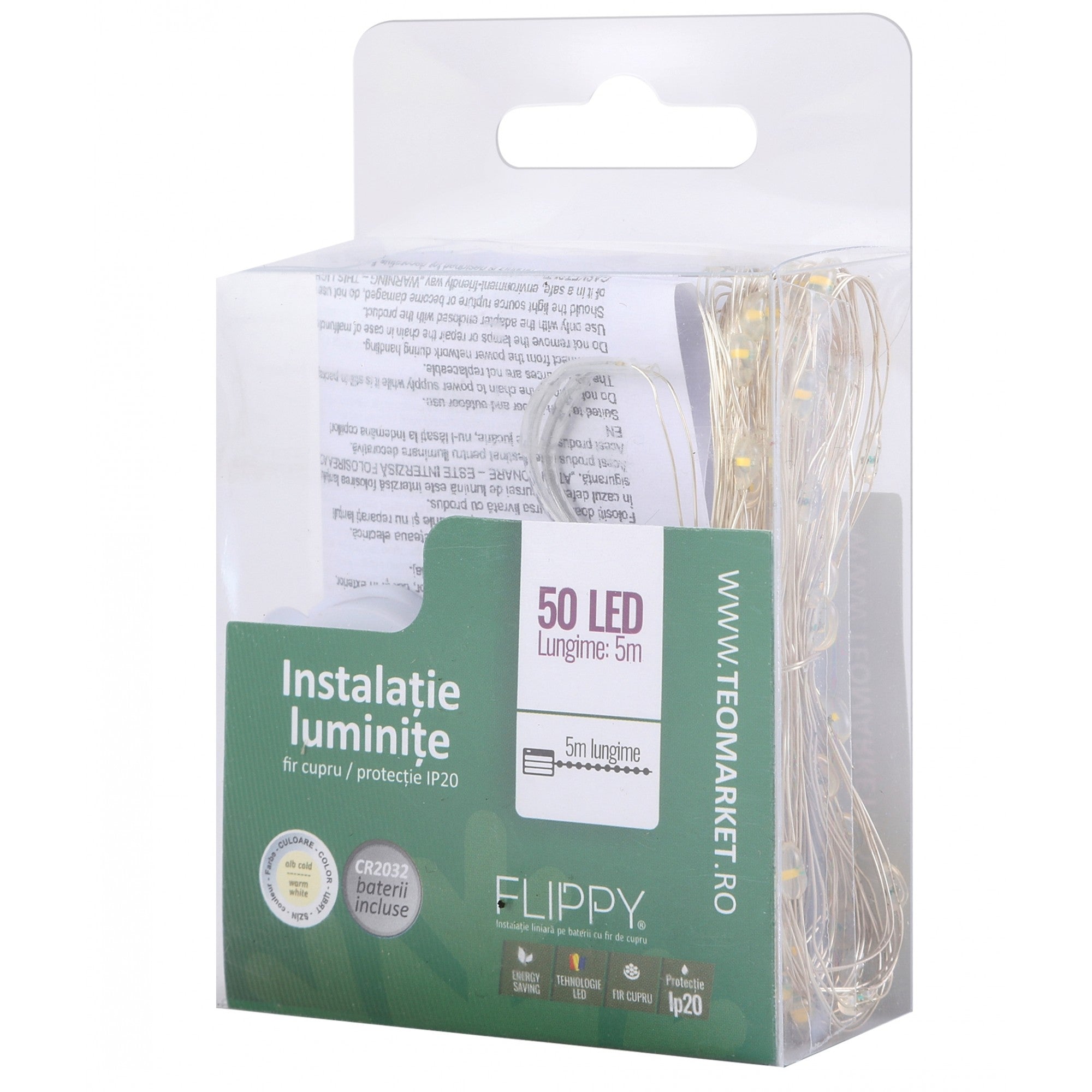 Instalatie Craciun, 5 metri, 50 LED-uri, alb cald, cu baterii, fir cupru, liniar, interior/exterior, Flippy-5