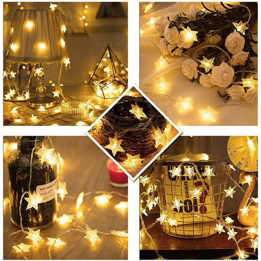 Instalatie Craciun cu baterii, 10 metri, 80 LED-uri tip Stea, fir Transparent, Alb Cald, Flippy-1