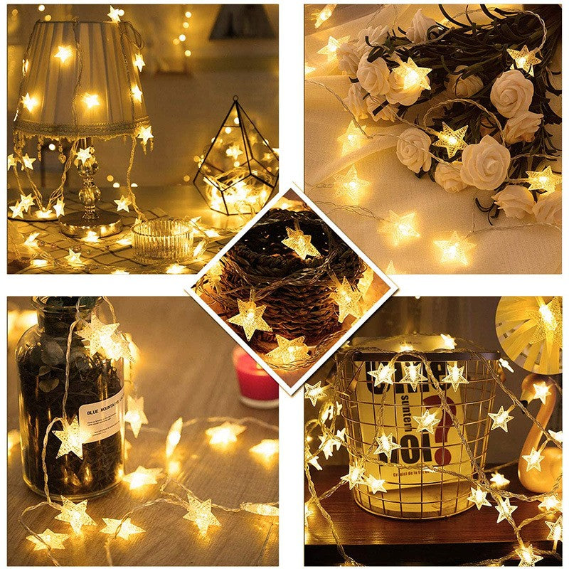 Instalatie Craciun cu baterii, 10 metri, 80 LED-uri tip Stea, fir Transparent, Alb Cald, Flippy-1