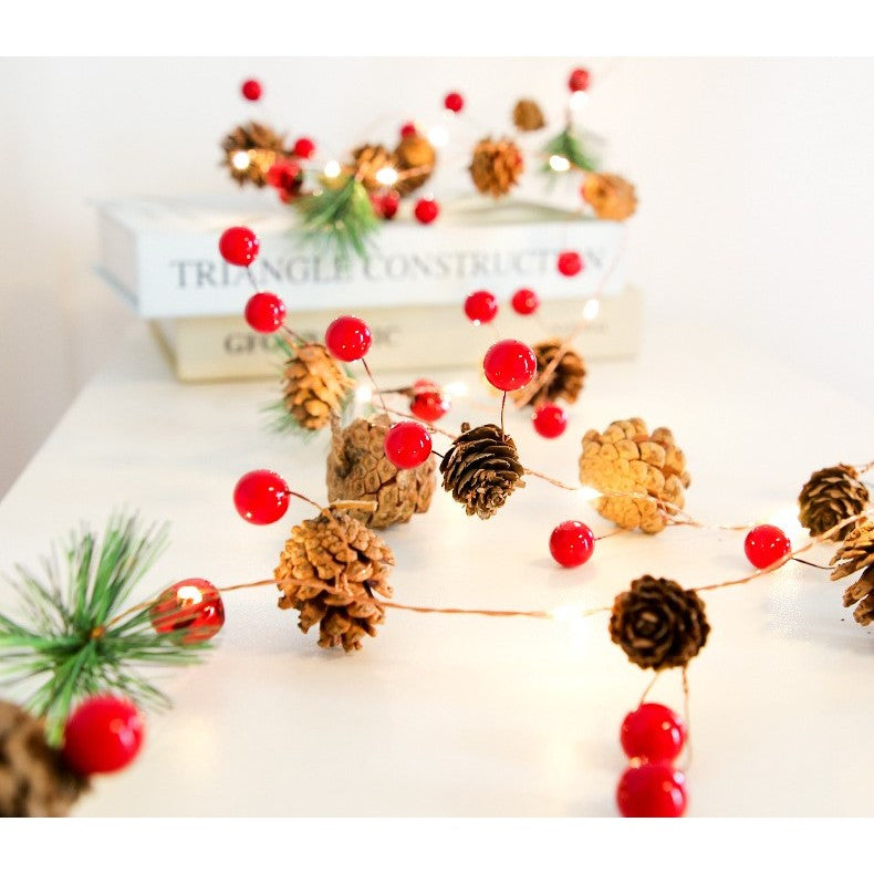 Instalatie Craciun cu baterii, 2 metri, 20 LED-uri tip Ace, conuri de pin si clopotei, Alb Cald, Flippy-1