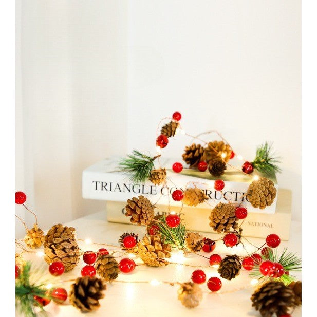 Instalatie Craciun cu baterii, 2 metri, 20 LED-uri tip Ace, conuri de pin si clopotei, Alb Cald, Flippy-2