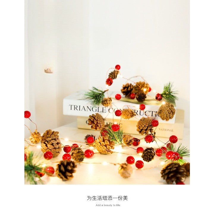 Instalatie Craciun cu baterii, 2 metri, 20 LED-uri tip Ace, conuri de pin si clopotei, Alb Cald, Flippy-4