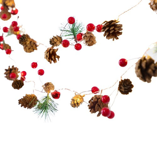 Instalatie Craciun cu baterii, 2 metri, 20 LED-uri tip Ace, conuri de pin si clopotei, Alb Cald, Flippy-0