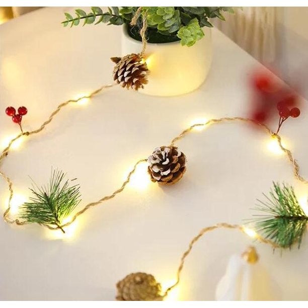 Instalatie Craciun cu baterii, 2 metri, 20 LED-uri tip ace si conuri de pin simple, Alb Cald, Flippy-1
