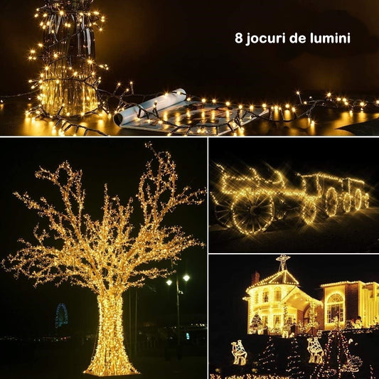Instalatie de Craciun liniara Yoto, 10 m, din care 1 m cablu priza 220V, 100 LED, 8 jocuri de lumini, beculet in 6 colturi, pentru interior, controler, fir negru, alb cald-1