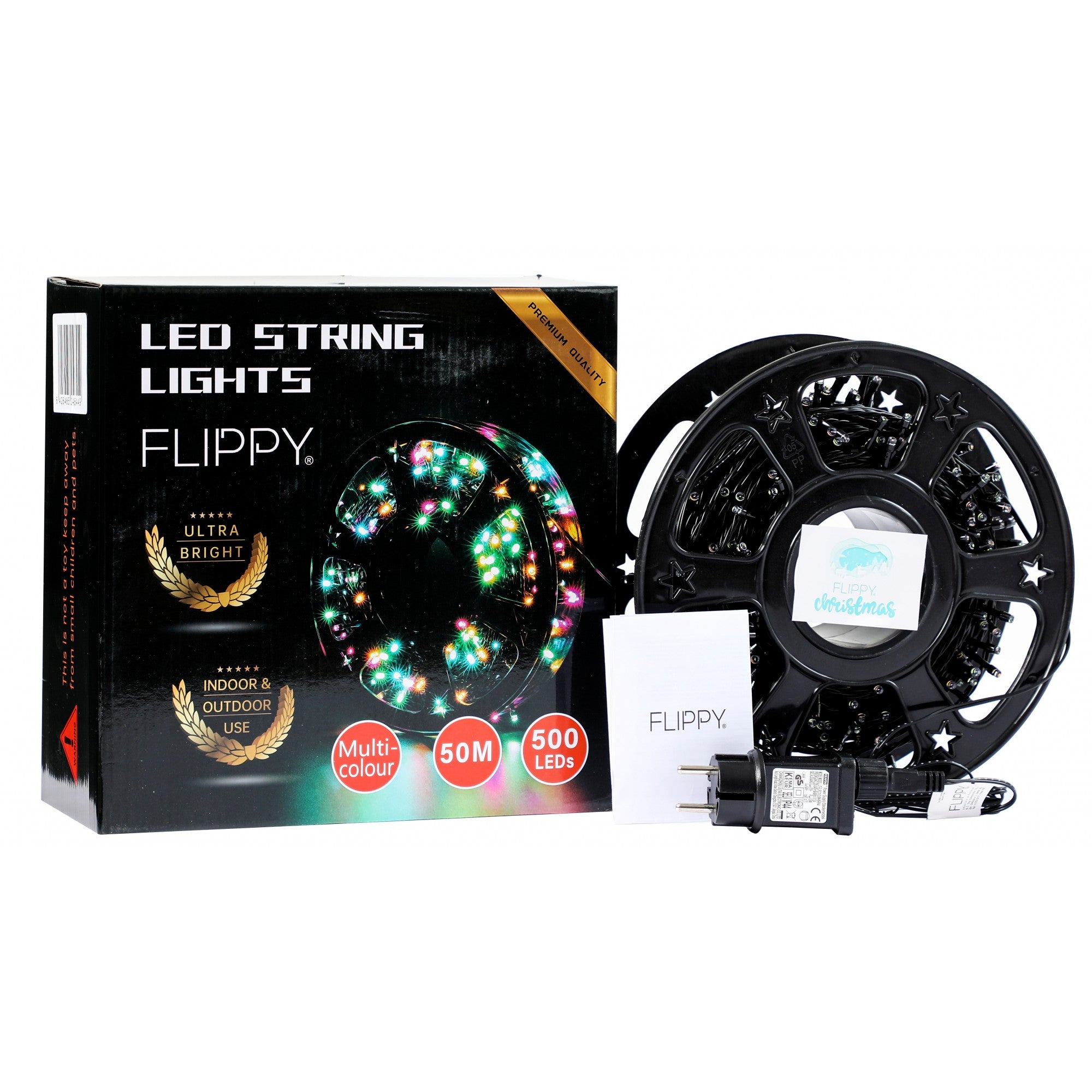 Instalatie Craciun liniara, fir negru, cu transformator, 50m, alb cald, 500 LED-uri V5, 8 jocuri de lumini, Flippy-8