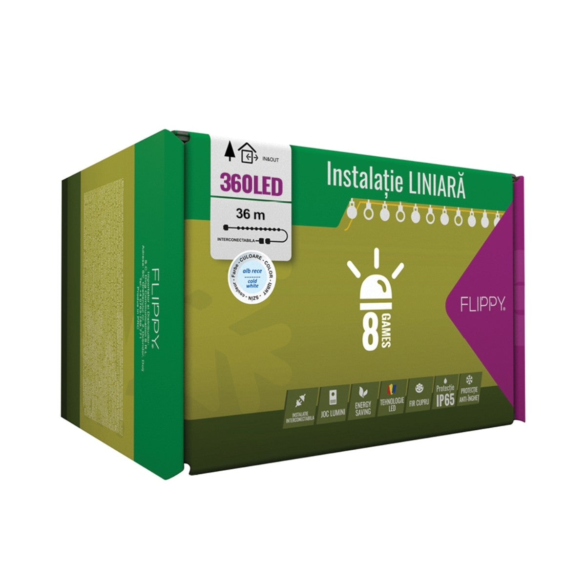 Instalatie Craciun Profesionala de Exterior IP65, 36 m, 360 Led-uri Mari ,Liniara, Alb rece, Interconectabila, Prelungitor 1.5 m inclus, Fir Negru, Flippy-0